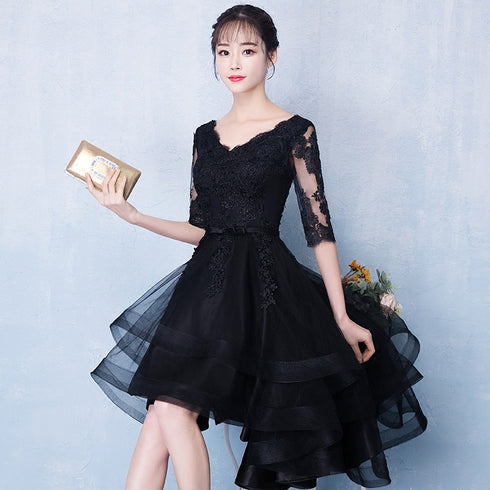 High Low Black V-neckline Short Sleeves Homecoming Dress, Black Prom Dress