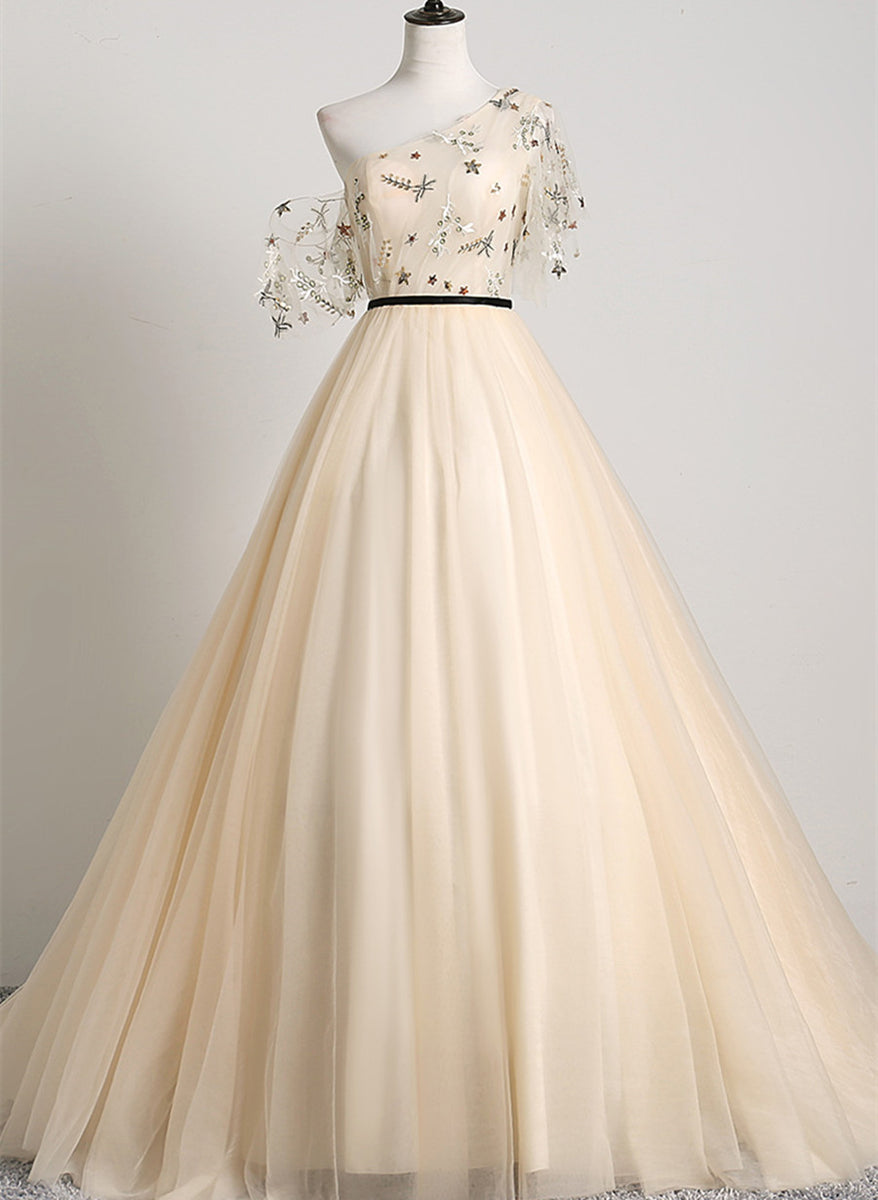 A-line Champagne One Shoulder Prom Dress, Long Party Dress  BeautyDressy
