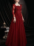 Wine Red Lace Long Sleeves Low Back Tulle Prom Dress, Wine Red Beaded Party Dress