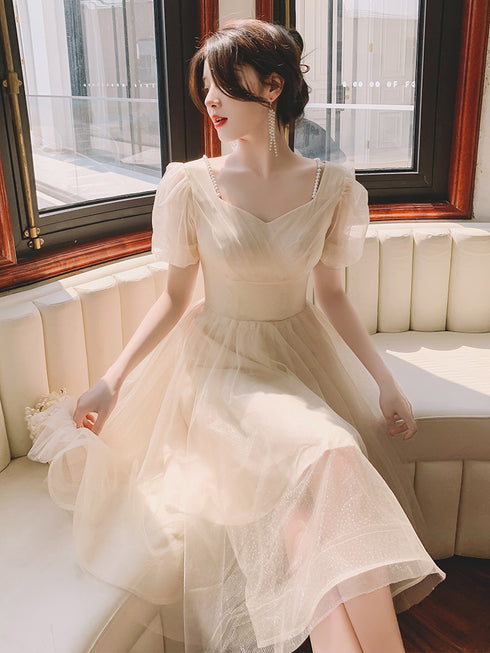 Light Champagne Short Homecoming Dress, Cute Tulle Short Prom Dress