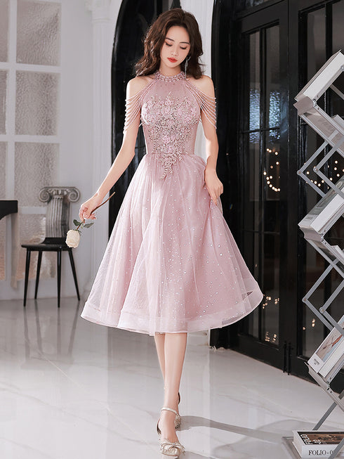 Pink Beaded Tulle Short Homecoming Dress, Pink Prom Dress Party Dress