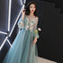 Fashionable Light Green Tulle Long Sleeves Prom Dress, A-line Party Dress with Lace Applique