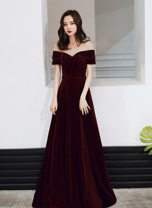 Wine Red Velvet Long A-line Bridesmaid Dress, Wine Red Prom Dresses