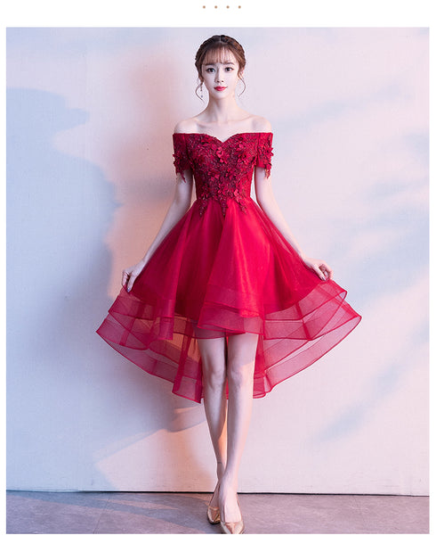 Red High Low Lace Flowers Tulle Off Shoulder Party Dress, Red Party Dress Formal Dresses
