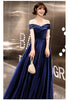 Blue Off Shoulder Prom Dress, Blue Satin Party Gown Prom Dress