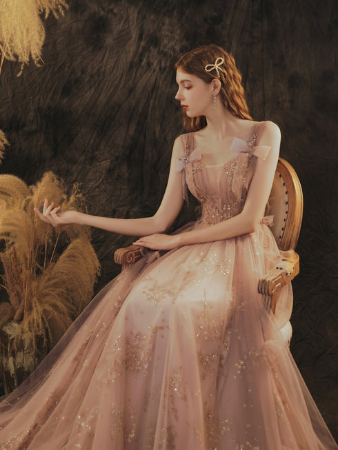 Dark Pink Straps Tulle Long Lace Prom Dress, A-line Pink Formal Dress