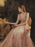 Dark Pink Straps Tulle Long Lace Prom Dress, A-line Pink Formal Dress