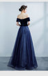 Navy Blue Off Shoulder Velvet Sweetheart Party Dress, Shiny Tulle Long Prom Dress Party Dress
