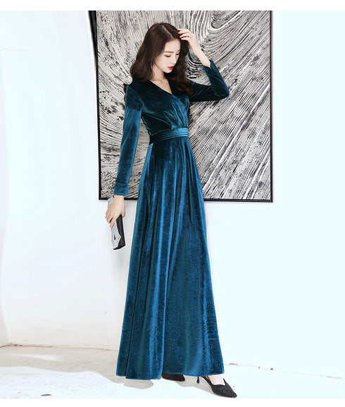 Charming Velvet V-neckline Simple Long Bridesmaid Dress, Long Sleeves A-line Party Dress