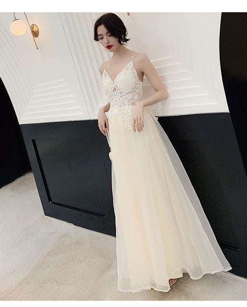Ivory Organza Straps Lace Long A-line Junior Prom Dress, Beautiful Long Party Dresses