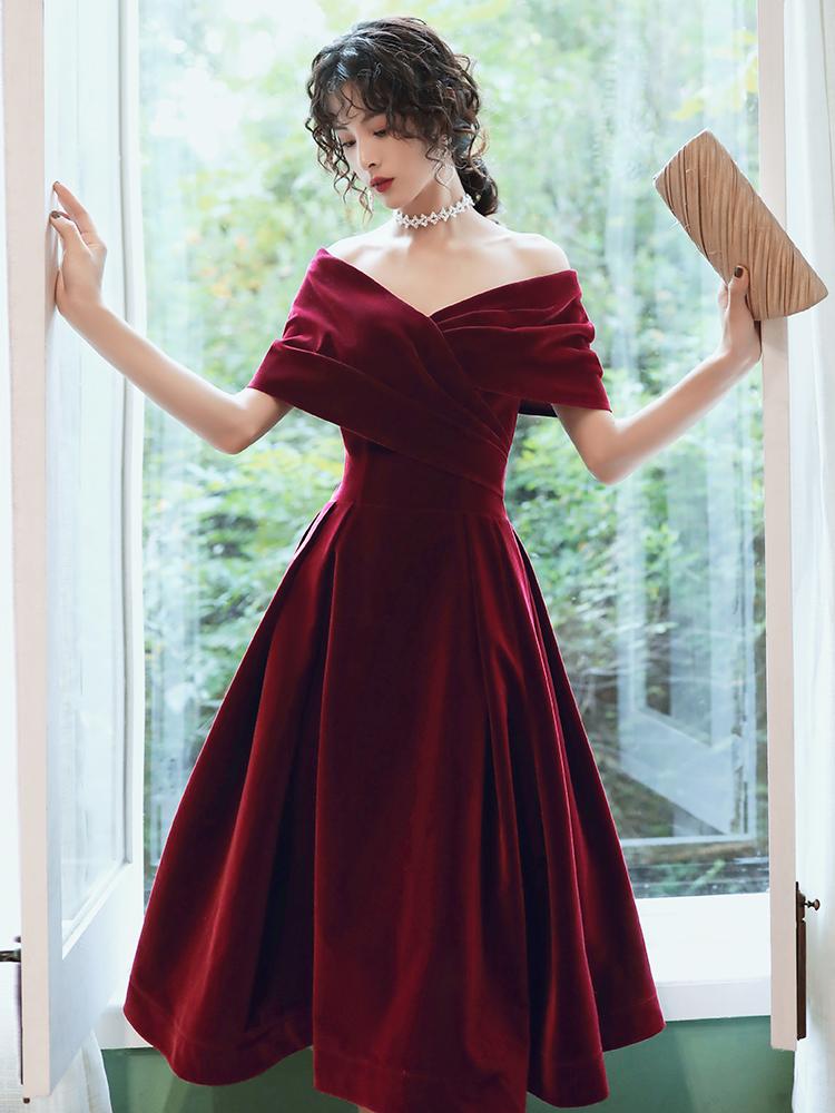 Wine Red Velvet Tea Length Homecoming Dress, Dark Red Party Dresses US size 6 / Wine Red Wine Red Velvet Tea Length Homecoming Dress, Dark Red Party Dresses US size 6 / Wine Red