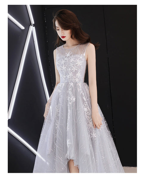 Light Grey Lace High Low Round Neckline Homecoming Dress, Beautiful Short Prom Dress