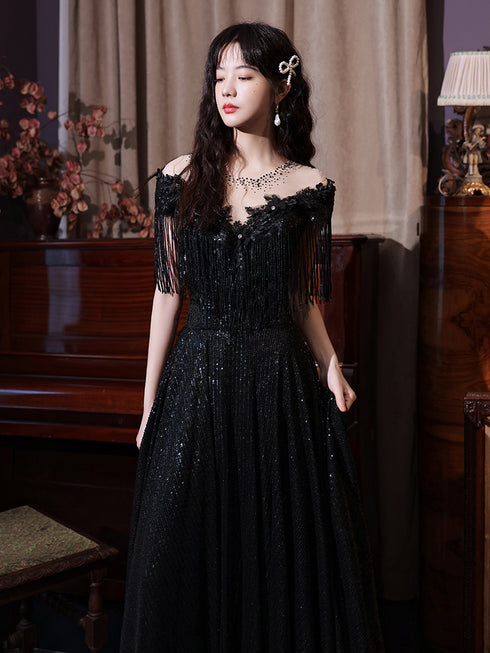 Black Sequins and Lace A-line Prom Dress, Black Formal Dress Party Dress