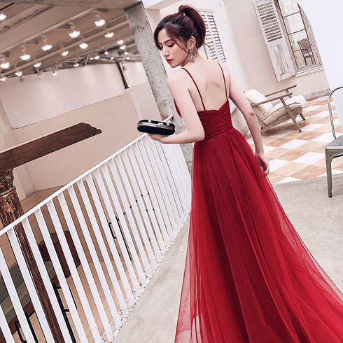 Wine Red Simple Low Back Straps Tulle Prom Dress, Dark Red Formal Dress Party Dress