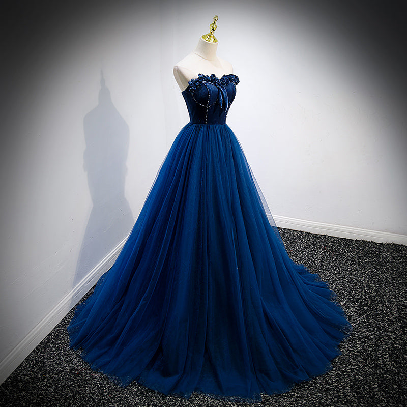 Navy Blue Velvet Top and Tulle Long Formal Dress, Blue Sweetheart Prom –  BeautyDressy
