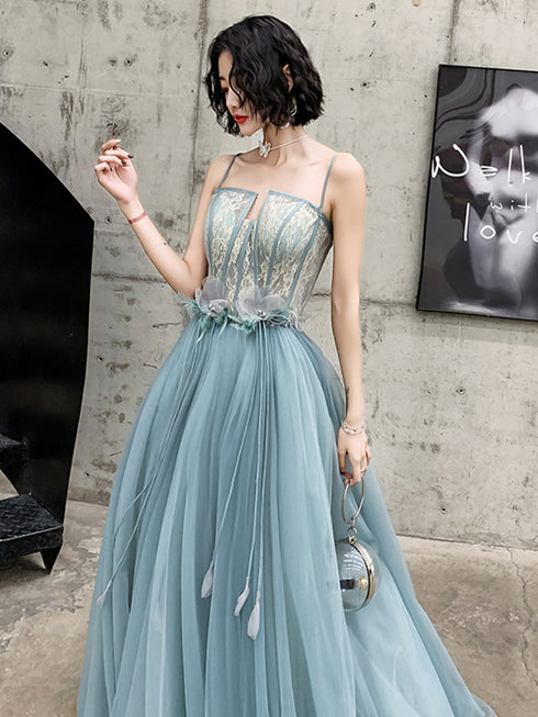 A-line Tulle Straps Long Blue Floor Length Party Dress, Blue Evening Dress Prom Dress