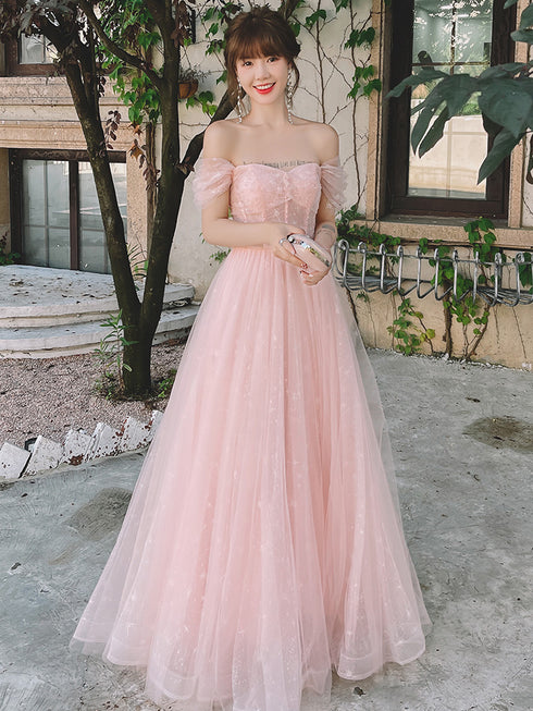 Pink Off Shoulder Tulle Simple A-line Party Dress Prom Dress, Pink Formal Gown 2022