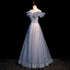Beautiful Off Shoulder Puffy Sleeves Beaded Party Dress Prom Dress, Blue Evening Gown