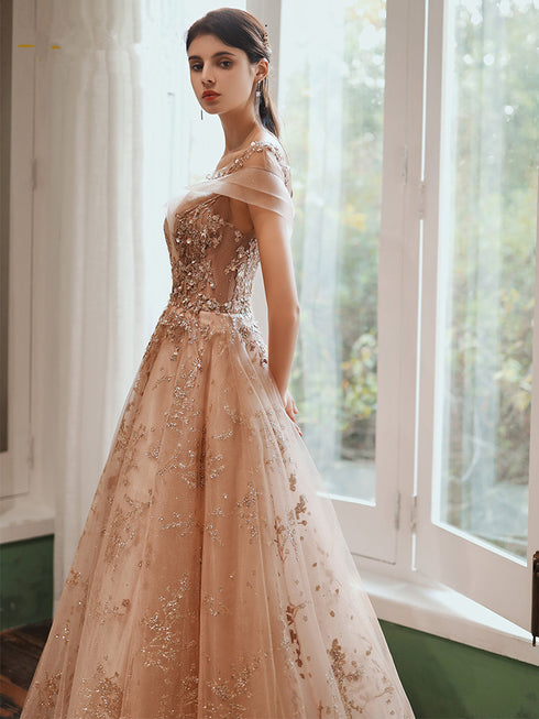 Champagne with Lace Short Sleeves Prom Dress, A-line Long Evening Party Dress