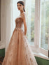 Champagne with Lace Short Sleeves Prom Dress, A-line Long Evening Party Dress
