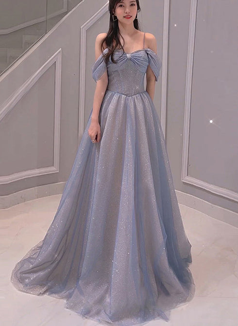 Light Blue Sweetheart Off Shoulder A-line Long Prom Dress, Blue Beaded Evening Dress