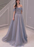 Light Blue Sweetheart Off Shoulder A-line Long Prom Dress, Blue Beaded Evening Dress
