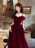 Wine Red Velvet Off Shoulder Long Prom Dress, Wine Red Party Dress Formal Dress