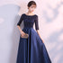 Navy Blue Satin with Lace Top Long Party Dress, Short Sleeves Prom Dress