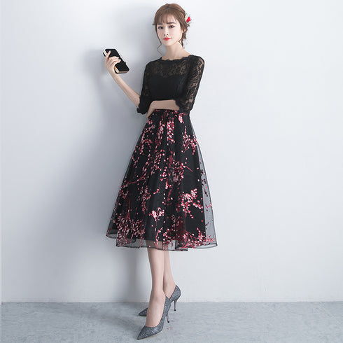 Lovely Black Lace Short Sleeves Floral Tulle Party Dress, Black Party Dress Prom Dress