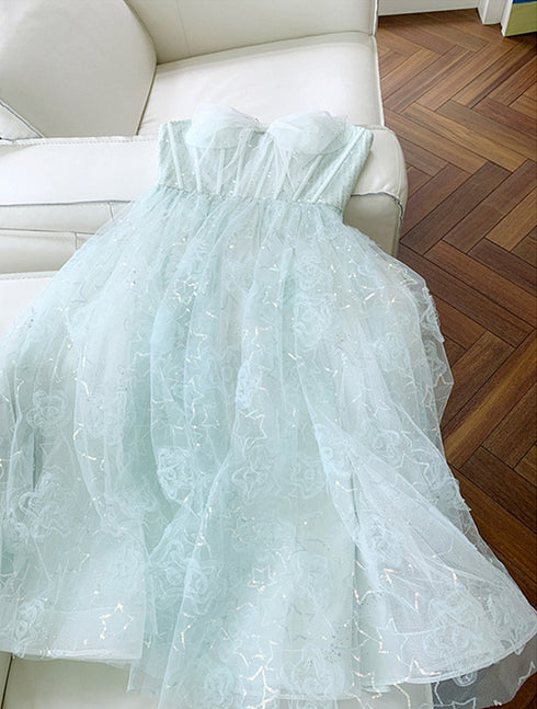 Lovely Sweethart Tulle Long A-line Formal Dress, Light Blue Tulle Prom Dress