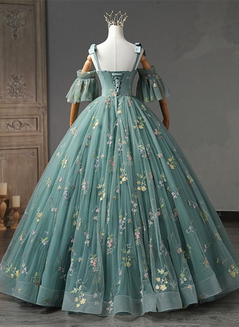 Green Floral Off Shoulder Scoop Long Formal Dress, Floral Prom Dress