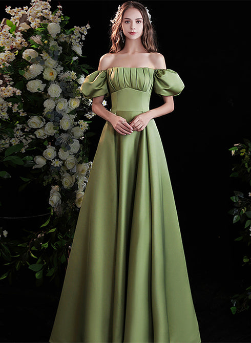 Green Satin Long Prom Dress iwith Short Sleeves, Green Party Dress Prom Dress