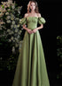 Green Satin Long Prom Dress iwith Short Sleeves, Green Party Dress Prom Dress