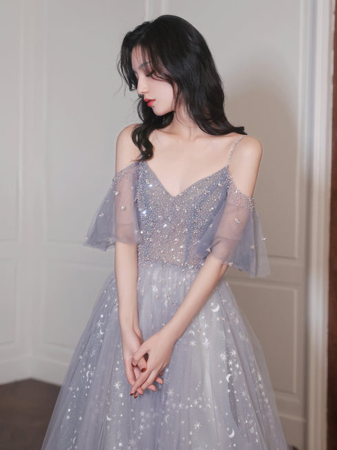 Chic Tulle and Beaded Low Back Long Evening Gown, A-line Long Prom Dress Party Dress