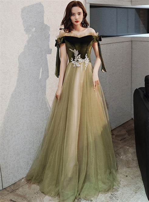Green Off Shoulder Velvet and Tulle Long Evening Dress with Lace, Long Prom Dresses