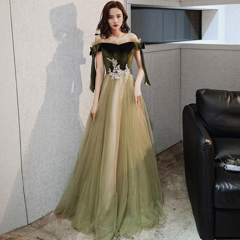 Green Off Shoulder Velvet and Tulle Long Evening Dress with Lace, Long Prom Dresses