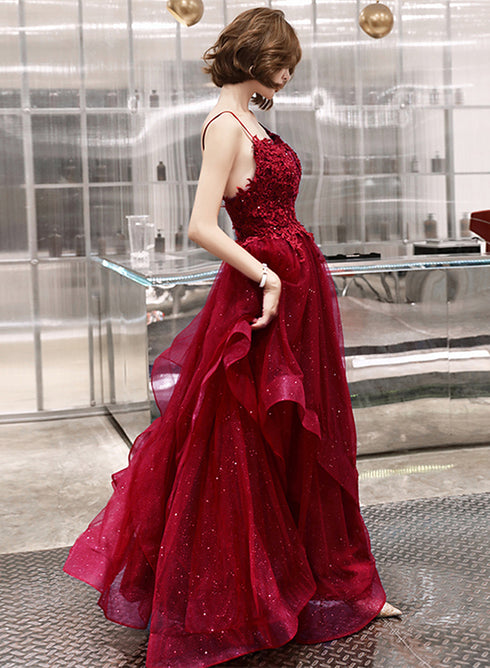 Wine Red Shiny Tulle Layers Straps Party Dress with Lace, V-neckline Prom Dress