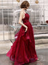 Wine Red Shiny Tulle Layers Straps Party Dress with Lace, V-neckline Prom Dress