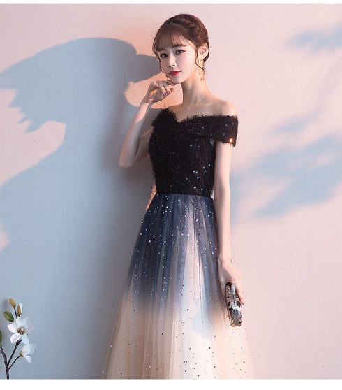 Beautiful Gradient Tulle Sequins Off Shoulder Wedding Party Dresses, A-line Tulle Formal Gown