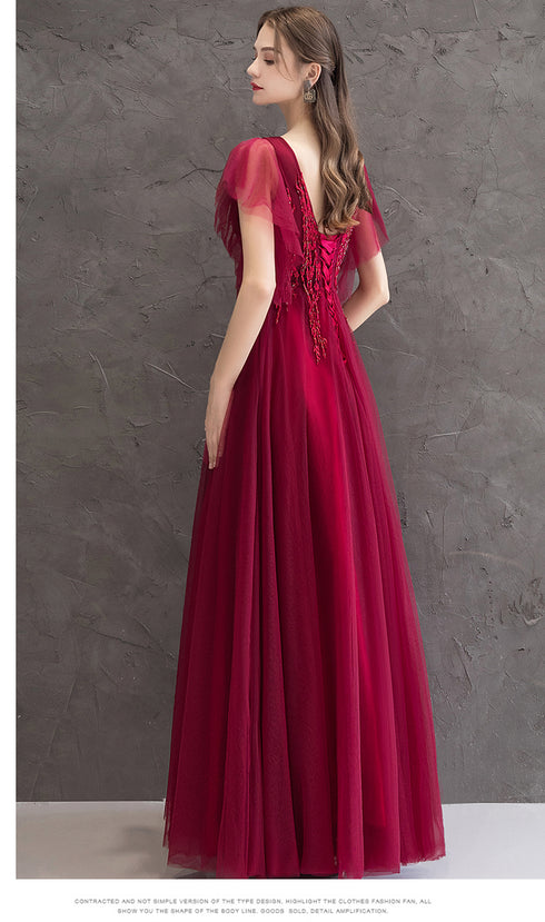 Wine Red Lace Beaded Puffy Sleeves Party Dress, Wine Red Long Prom Dress