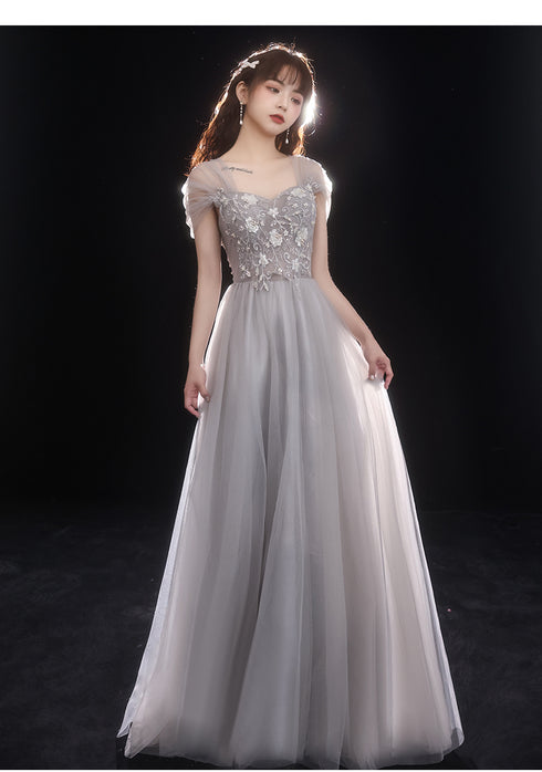 Light Grey Beaded Off Shoulder Tulle A-line Junior Prom Dress, Grey Long Evening Dress