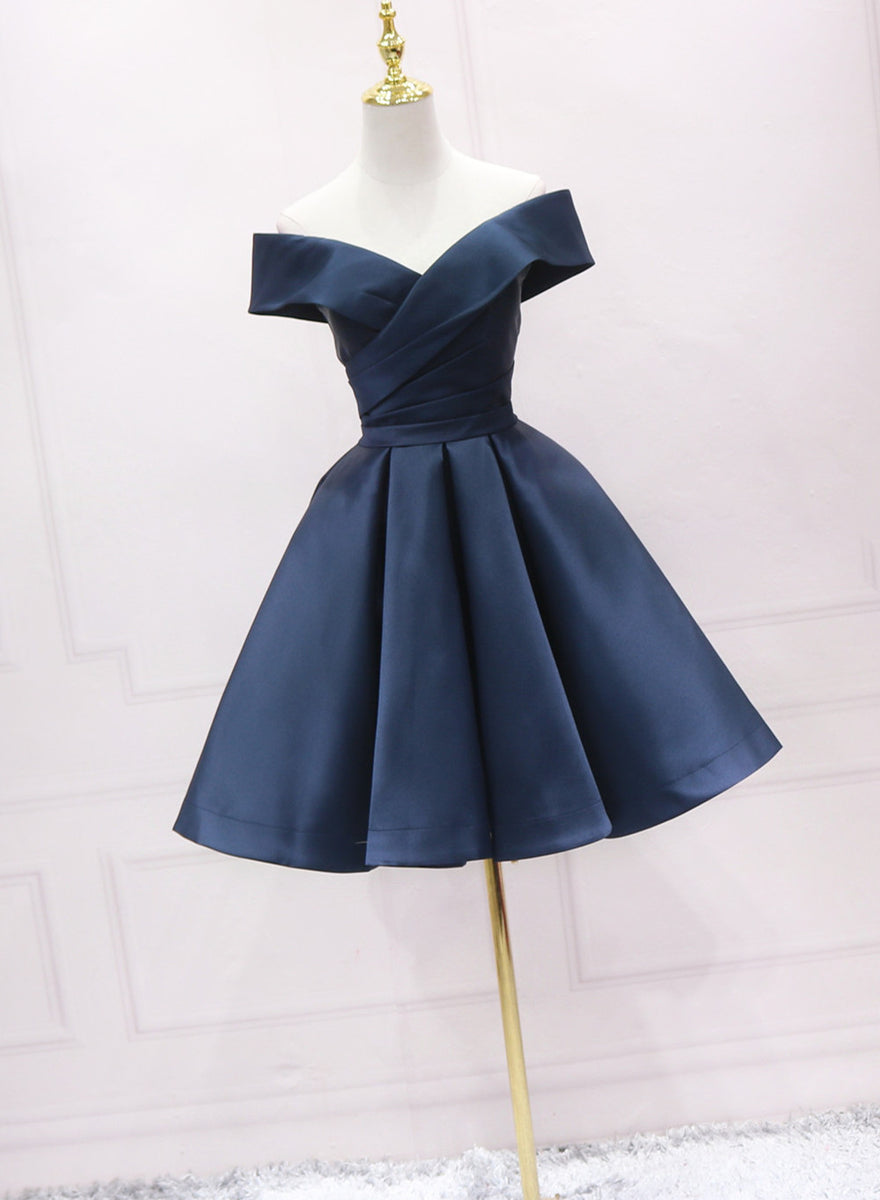 navy off the shoulder bridesmaid dress Navy Blue Satin Off Shoulder Bridesmaid Dress Party Dress, Short Prom Dress US size 6 / Navy Blue