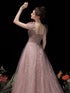 Pink Tulle Short Sleeves A-line Floor Length Formal Dress, Pink Cute Long Prom Dress