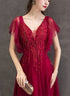Wine Red Lace Beaded Puffy Sleeves Party Dress, Wine Red Long Prom Dress