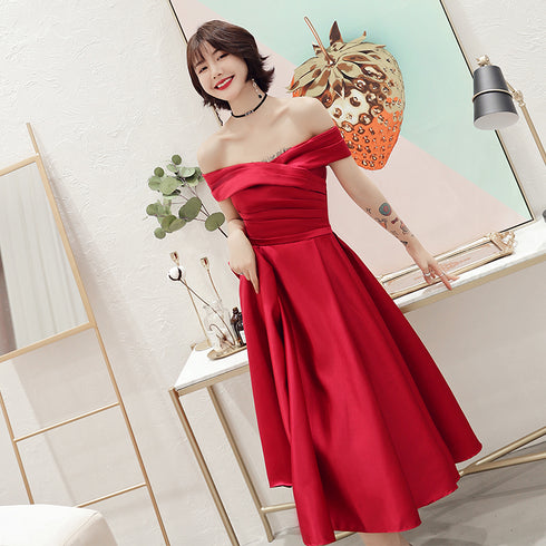 Red Satin Off Shoulder Lace-up Homecoming Dress, Red Formal Dress Prom Dress