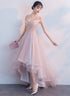 Pink V-neckline High Low Formal Dress, Lace Applique Homecoming Dress