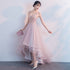 Pink V-neckline High Low Formal Dress, Lace Applique Homecoming Dress