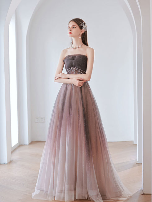 Charming Gradient A-line Pink Beaded Long Evening Gown, Tulle Long Prom Dress