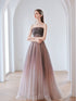 Charming Gradient A-line Pink Beaded Long Evening Gown, Tulle Long Prom Dress