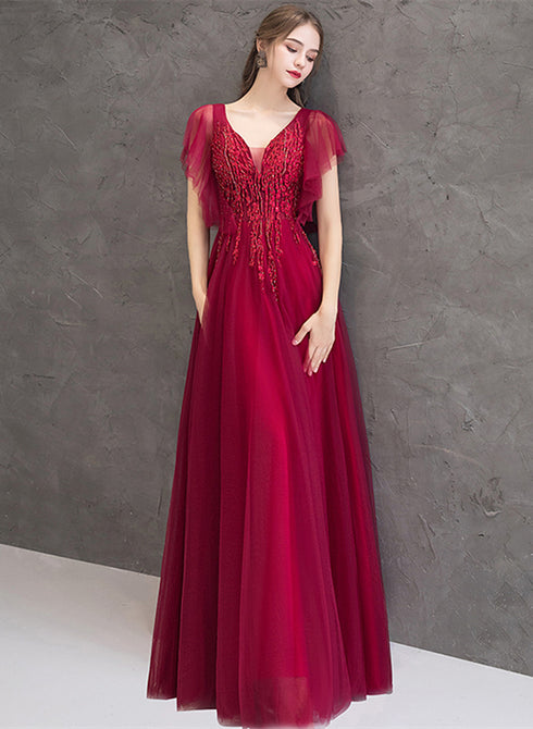 Wine Red Lace Beaded Puffy Sleeves Party Dress, Wine Red Long Prom Dress